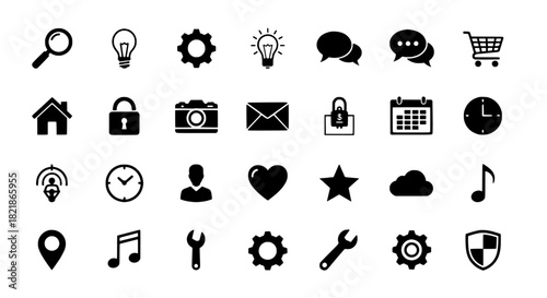 A versatile set of solid black glyph icons for web design projects