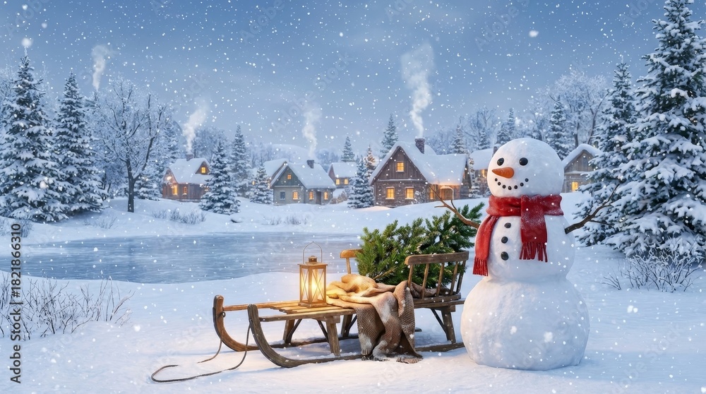Obraz premium Snowman standing in a dreamy snowy winter village scene with houses glowing in the background, a sled carrying a pine tree and lantern, and gentle snowfall creating a cozy holiday atmosphere