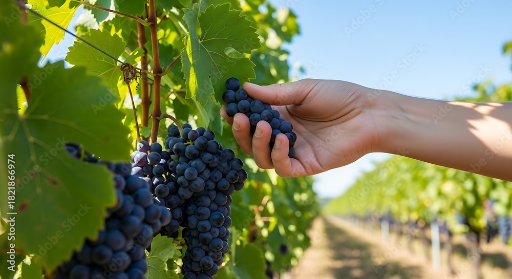 Obraz premium Hand Harvesting Ripe Dark Grapes in Sunny Vineyard
