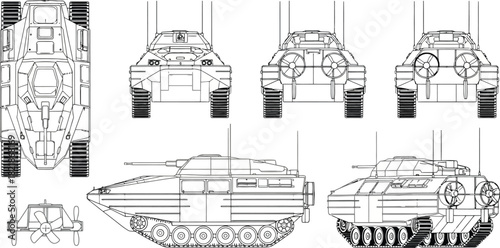 Technical drawing of a futuristic tank vehicle from multiple viewpoints