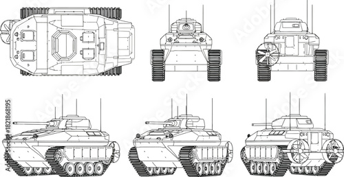 Detailed blueprint views of a futuristic tracked vehicle with antenna systems