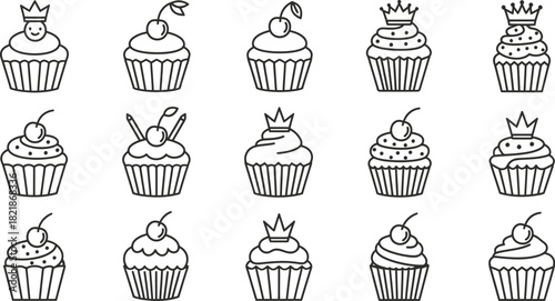 Variety of hand drawn cupcake illustrations with cherries and crowns