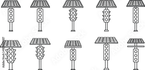 A series of line art illustrations depicting various solar powered street lamps