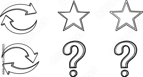 Simple sketch icons depicting arrows stars and question marks