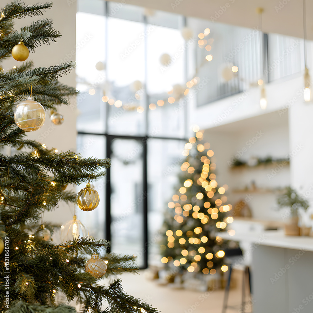 Fototapeta premium Abstract seasonal winter christmas decoration with snowflakes, tree, ball, flower, blink, background, presentation, star, concept, magazine, powerpoint, website, marketing, 