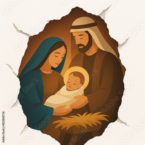 Holy Family nativity torn vector fragmented background warm interior minimalist illustration