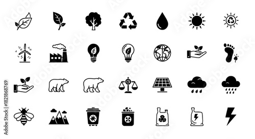 Set of vector icons representing environmental and ecological concepts