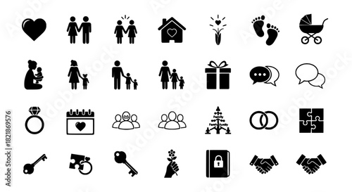Diverse Vector Icon Set Symbolizing Love, Family, Marriage, and Life Events