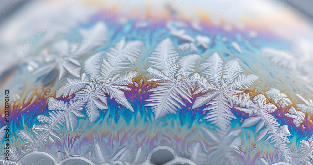Obraz premium Intricate frost patterns adorn a surface reflecting a spectrum of rainbow colors in a macro view