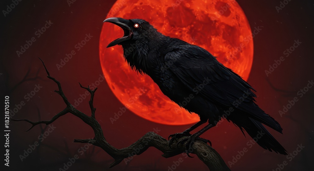 Fototapeta premium Dark raven perches on a bare branch against a brilliant crimson lunar sphere