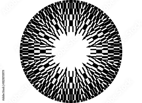 Round Vector pattern of abstract black pixels on a white background. Design element for covers, advertising, packaging, labels. Vector background. Disk. Flower, Sun