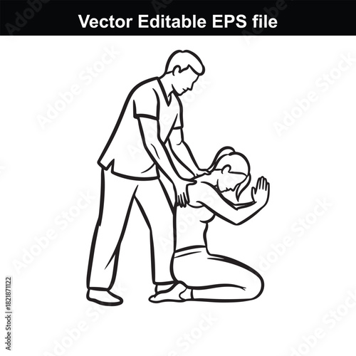 Line art illustration of a person giving a massage to another person who is kneeling, isolated on white background