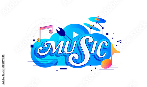 Vibrant Digital Music Concept Collection: A series of modern, flat, and abstract vector illustrations featuring key elements like musical notes, clouds, play buttons, keyboards, and instruments. Music