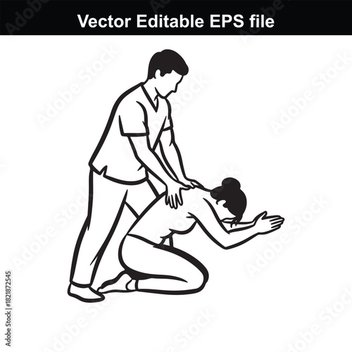 Vector illustration of a person giving a massage to another person kneeling on the floor, isolated on white background