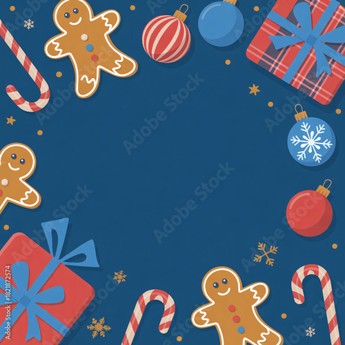 Festive christmas border with gingerbread cookies and ornaments