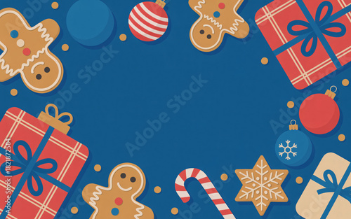 Festive christmas frame with gifts gingerbread and ornaments