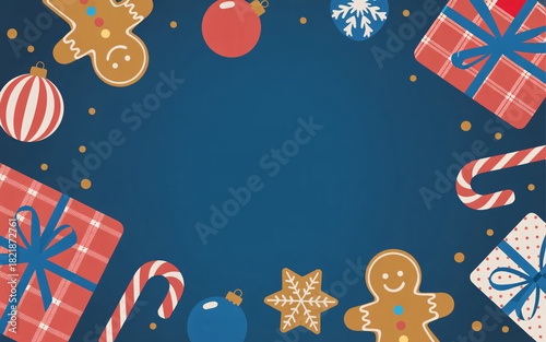 Festive christmas border with gifts gingerbread and ornaments
