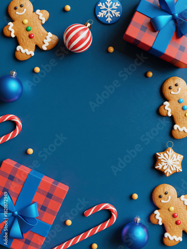 Festive christmas border with gingerbread cookies and gifts