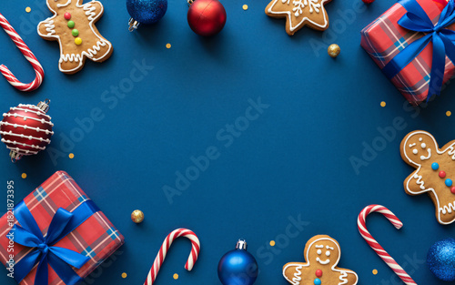 Festive christmas border with gingerbread cookies and gifts