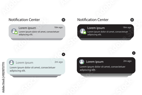 Push notifications icons. Notification template Message Interface. Message bubble icons. displaying alerts and messages on the screen. Vector.