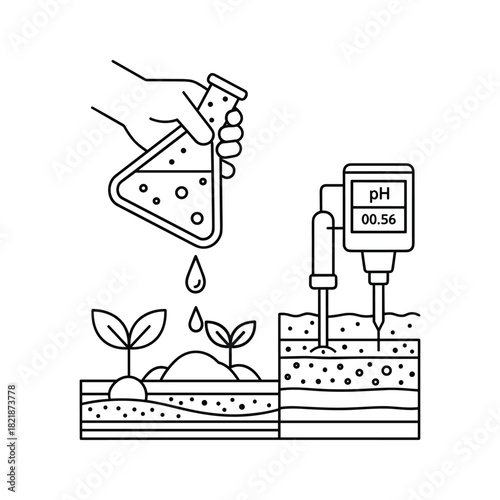 Line art of soil ph testing with digital meter and flask sample