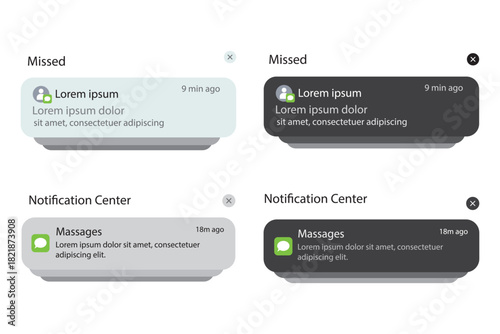 Push notifications icons. Notification template Message Interface. Message bubble icons. displaying alerts and messages on the screen. Vector.