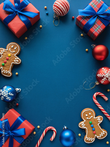 Festive christmas decorations arranged in a circular frame on a blue background