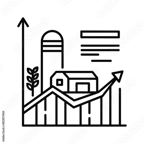 Agricultural business growth chart with farm building and crop icon