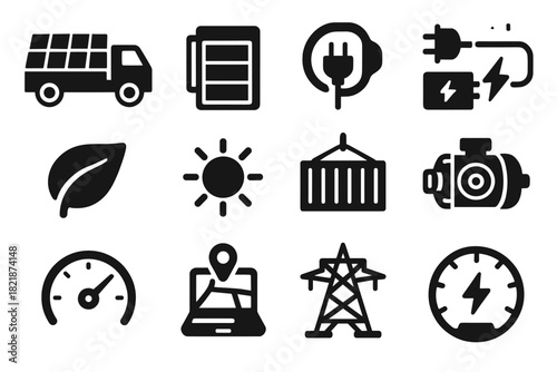 Trailer solar icon flow truck cargo connection battery charging energy grid vector