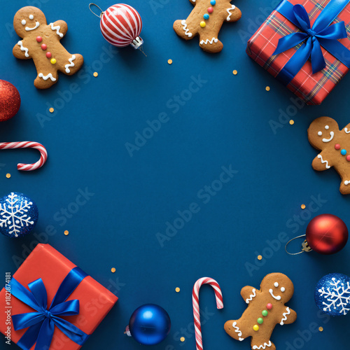 Festive christmas flat lay with gingerbread cookies and gifts