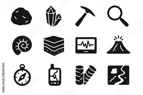 Crystal geology glass stratigraphy satellite sample magnifying icon fossil device virtual lab