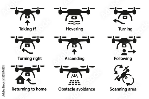 Returning target landing icons taking drone performing vector flips icon obstacle left
