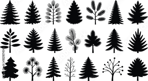 Big collection of black forest tree silhouettes including pine fir and branch icons for nature landscape design