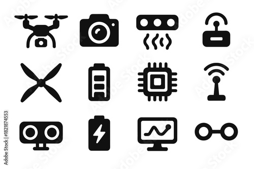 Camera module icon pack array drone obstacle propellers navigation set vector display