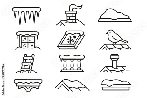 Roof skylight icons winter trim snow edges vector icon frost window shingles