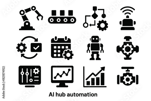 Ai monitoring robot icon process task machine smart conveyor icons control automation