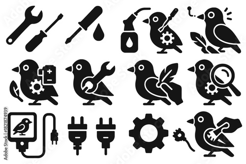Connector maintenance feather vector replacement icon screwdriver lubricant bird inspection motor robot