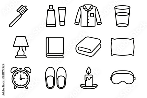 Book bedtime mask routine icons vector blanket toothpaste pajamas candle night icon
