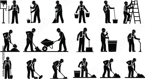 Construction worker silhouettes performing various manual labor tasks, building, maintenance, repair, painting, shoveling, mixing, carrying, and climbing, isolated graphic set illustrating