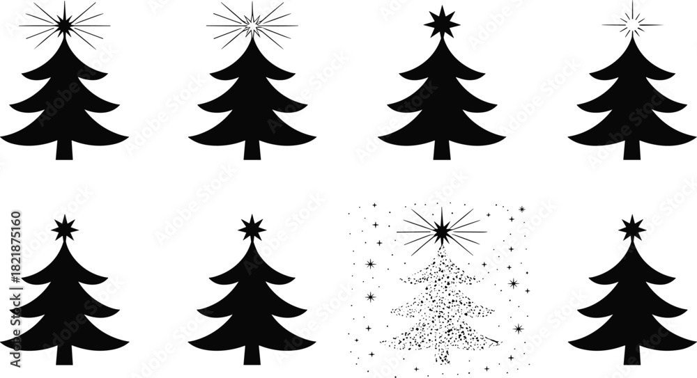 Fototapeta premium Black Christmas tree silhouette collection featuring various star toppers and a sparkling glitter texture variant for winter holiday decoration