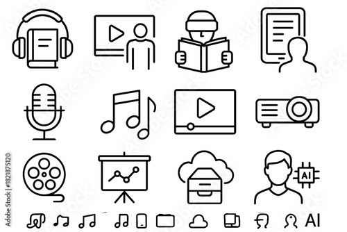 Icon learning music headphones icons cloud vr projector podcast reel vector multimedia