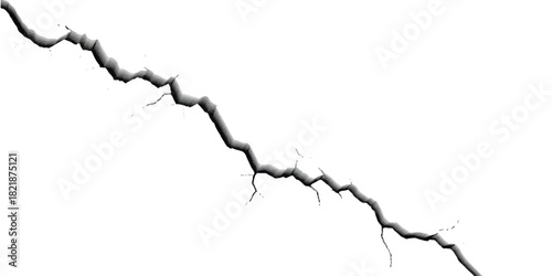 Isolated jagged crack against a clear white background, illustrating damage.