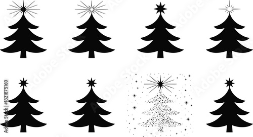 Black Christmas tree silhouette collection featuring various star toppers and a sparkling glitter texture variant for winter holiday decoration