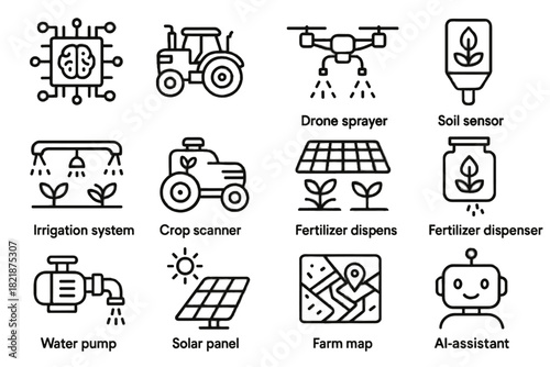 Water panel fertilizer icon farming robotic drone system icons dispenser greenhouse futuristic