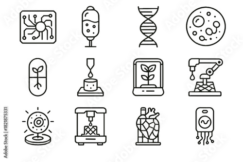 Printer futuristic biotech mapping microfluidic icon pod cell scaffold vector hydrogel set