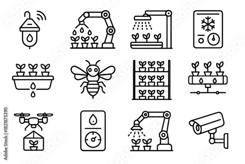 Icons robotics watering arm pipe humidity nutrient vertical shelf icon vector greenhouse
