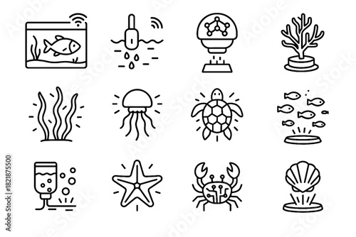 Vector luminous glowing ai aquarium digital icons seaweed starfish holographic jellyfish icon