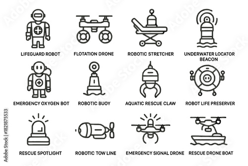 Ocean vector boat emergency robotic preserver icon lifeguard oxygen drone rescue robots