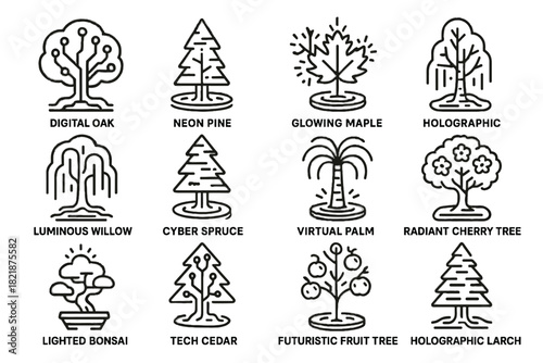 Tree icons futuristic spruce palm icon pine vector oak holographic digital