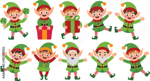 Cartoon Christmas elf character set featuring happy Santa helpers in various poses like jumping and holding gifts